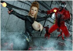 3d 3d_(artwork) 3d_render black_widow_(marvel) breasts carnage_(marvel) celebrity danp danp3d daz_studio fight fighting gun hi_res high_quality high_resolution highres huge_breasts long_hair marvel marvel_cinematic_universe marvel_comics mature mature_female milf open_clothes open_clothing open_topwear red_nails scarlett_johansson spider-man spider-man_(series) superhero superheroine