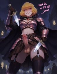 1futa ai_generated armor big_penis blonde_hair clementine_(overlord) dickgirl erection esendor evil_grin futanari golden_hair holding_weapon intersex looking_at_viewer overlord_(maruyama) pink_eyes short_hair skirt smile solo text thick_penis thighhighs