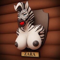 ai_generated angry angry_eyes anthro ball_gag bondage bust captive cruelty death_stare defeated domination exposed exposed_breasts furious furry gagged helpless immobile living_trophy looking_at_viewer mounted muzzled objectification original_character plaque prisoner restrained stuck stuck_in_wall trapped trophy wall_mount zebra