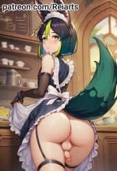 1boy 1femboy ai_art ai_generated androgynous androgynous_male anus ass balls big_ass big_butt boy_on_top dick femboy femboy_focus femboy_only from_behind gay lifting_skirt looking_at_viewer looking_back maid maid_uniform male_focus penis reiarts sexy_body sexy_pose solo_femboy standing tighnari_(genshin_impact) yaoi