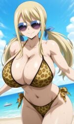 ai_generated beach bikini fairy_tail glasses huge_breasts leopard_print leopard_print_bikini lucy_heartfilia smiley_face voluptuous_female
