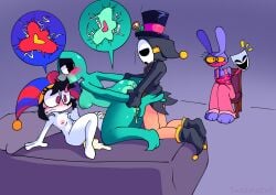 2boys 3girls anthro anti_groove arm_grab black_eyes blush blushing bondage bottomless bottomless_male breasts bunny_ears chair cuckold cum cum_in_pussy cum_inside female_anthro frog frog_girl gangle_(the_amazing_digital_circus) impregnation jax_(the_amazing_digital_circus) leaking_cum nude nude_male pomni_(the_amazing_digital_circus) purple_fur ribbit_(the_amazing_digital_circus) sex sex_from_behind straight the_amazing_digital_circus threesome tongue tongue_out tweedleevil vaginal vaginal_penetration watching watching_sex wrapped