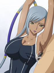 breasts censored code_geass dark-skinned_female ejaculation falchion female human large_breasts male one-piece_swimsuit paizuri penis silver_hair straight villetta_nu yellow_eyes