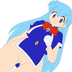 1girls aqua_hair busakumas female gloves highres legs long_hair miniskirt no_panties photoshop purple_eyes pussy short_dress skirt smile stewardess tenjouin_katsura thighs upskirt vector_trace yat_anshin_uchuu_ryokou
