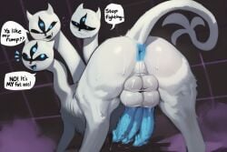2_penises 3_heads 3_penises ai_generated animal_genitalia animal_penis anus balls big_butt blue_anus blue_eyes blue_genitals blue_penis bodily_fluids boopamorgz butt canid canine clover_(deltarune) deltarune dialogue english_text erection feral fur genital_fluids genitals looking_at_viewer looking_back male male_feral mammal multi_balls multi_eye multi_genitalia multi_head multi_penis mythological_canine mythological_creature mythology penile_spines penis precum presenting presenting_hindquarters solo speech_bubble sweat sweaty_butt tail text undertale_(series) white_balls white_body white_fur white_genitals