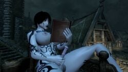 3d big_breasts big_penis black_hair darkina_(skibidoa) female futanari horsecock light_skin skyrim solo solo_female tattoo thick_thighs voluptuous white_body