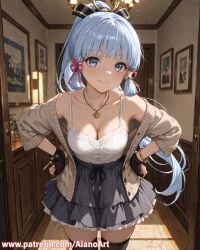 1girl ai_generated aianoart bangs bare_shoulders black_gloves black_thighhighs blue_eyes blue_hair blunt_bangs blush breasts cardigan cleavage closed_mouth collarbone fingerless_gloves genshin_impact gloves hair_ribbon hands_on_hips indoors jewelry kamisato_ayaka long_hair looking_at_viewer medium_breasts necklace off_shoulder open_cardigan open_clothes picture_frame ponytail ribbon skirt smile solo thighhighs zettai_ryouiki