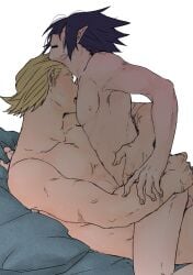 2boys amajiki_tamaki anal arm_around_another's_waist arm_support black_hair blonde_hair boku_no_hero_academia closed_eyes collarbone commentary_request completely_nude hand_on_another's_ass licking licking_another's_chest lying male_focus male_penetrated multiple_boys multiple_scars nipples nude on_back open_mouth parted_bangs pectorals penis pointy_ears scar scar_on_arm sex short_hair spiked_hair straddling tama4664amat togata_mirio white_background yaoi