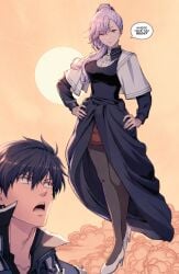 anos_voldigoad black_hair demon emilia_ludwell hands_on_hips high_heels implied_rape implied_sex jacket long_sleeves maou_gakuin_no_futekigousha medium_breasts pink_hair ponytail purple_eyes reference shocked shocked_expression shocked_eyes stockings student_uniform sunset teacher/student teacher_and_student teacher_clothing teacher_female wide_eyed