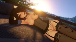 breasts choker corset elbow_gloves female female_only fox_ears fox_girl garter_straps nude nude_female red_eyes red_hair seductive tattoo teasing thighhighs vr vrchat vrchat_avatar vrchat_media
