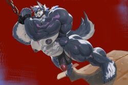 2025 abs anthro areola balls barazoku beard big_areola big_deltoids big_muscles big_nipples big_pecs black_areola black_facial_hair blue_highlights canid canine canis chain chest_scar claws clenched_teeth cuff_(restraint) deltoids eye_scar facial_hair facial_scar fur genitals grey_body grey_fur hair handcuffed handcuffs hi_res highlights_(coloring) hinanai leg_scar mako_pbw male mammal metal_cuffs multicolored_hair muscular muscular_anthro muscular_arms muscular_male nipples obliques pecs penis precum_drop red_background restraints scar serratus simple_background snout snout_scar solo stone_floor tail teeth thick_thighs thigh_scar toe_claws triceps two_tone_hair vein veiny_muscles white_body white_fur white_hair wolf yellow_eyes