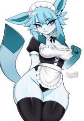 anthro blue_body blue_eyes ear_piercing eeveelution generation_4_pokemon glaceon hestid hi_res looking_at_viewer maid nintendo pokemon pokemon_(species) solo