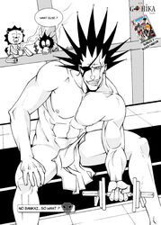 1boy bleach gay gym kenpachi_zaraki kon kon_(bleach) male_only naked_towel towel_on_legs working_out yaoi zaraki_kenpachi