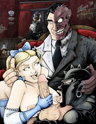 1boy 2girls batman_(series) big_breasts breasts dc exposed_penis female handjob harvey_dent human licking_breast male nipples penis rosenrot spice_(dc) straight sugar_(dc) tagme two-face