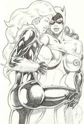 2girls batman_(series) black_and_white black_cat_(marvel) catwoman crossover dc_comics felicia_hardy female female_only human marvel monochrome multiple_females peter_temple selina_kyle spider-man_(series) yuri