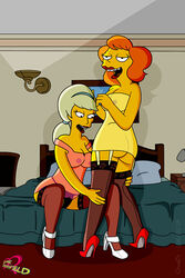 ass breasts claudia-r clothes color female female_only high_heels human indoors lurleen_lumpkin mindy_simmons multiple_females multiple_girls nipples sitting tagme the_simpsons yuri