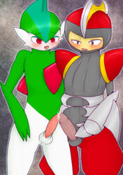 anthro bisharp blush color cum gallade interspecies male male_only multiple_males nude penis pokemon pokemon_(species) red_eyes tagme testicles yaoi