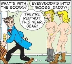 1boy 2girls blondie_(comic) blondie_bumstead casual clothed_male clothing comic_strip cookie_bumstead dagwood_bumstead edit female human male mostly_nude nude nude_edit nude_female nudist pale_skin tagme