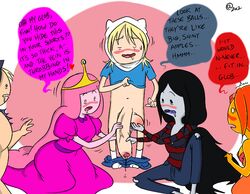 1boy 4girls @atsign adventure_time big_balls blush clothed_female_nude_male dialogue finn_the_human flame_princess gigantic_penis imminent_cum imminent_cumshot imminent_ejaculation it'll_never_fit marceline multiple_girls open_mouth penis_awe precum precum_drip princess_bubblegum small_but_hung susan_strong throbbing