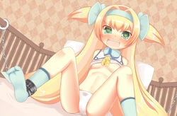 bed bell blazblue blonde_hair blush bondage breast crying flat_chest green_eyes green_ribbons long_hair open_mouth panties platinum_the_trinity ribbon shackles small_breasts socks tagme tears