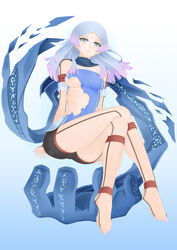 barefoot blue_eyes blue_hair blush breasts character_request erica female full-length_portrait full_length long_hair looking_at_viewer malicious nipple_slip oni-noboru portrait sitting solo standing