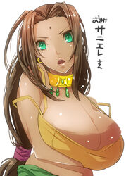 arc_the_lad breasts brown_hair cevoy dark-skinned_female dark_skin female green_eyes hoop_earrings huge_breasts lips looking_at_viewer ponytail sania solo text tied_hair translation_request