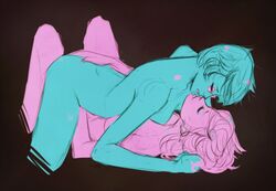 2girls ass black_background blue_hair blue_skin breasts buckteeth closed_eyes colors female glasses hand_on_ass homestuck jane_crocker ms_paint_adventures multiple_girls naked open_mouth pink_hair pink_skin roxy_lalonde short_hair yuri