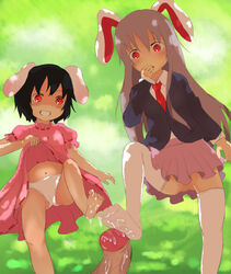 1boy 2girls animal_ears barefoot black_hair blazer bottomless_skirt breasts cameltoe cum cum_drip dress erection female female_with_female flat_chest footjob going_commando lavender_hair male no_panties panties penis pussy rabbit_ears red_eyes reisen_udongein_inaba shirt short_hair skirt skirt_lift small_breasts stockings straight tewi_inaba touhou very_long_hair