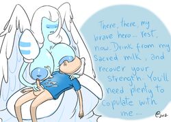 2012 @atsign adventure_time age_difference angel angel_wings big_breasts blue_skin breast_feeding breast_sucking breastfeeding breasts cum cum_on_breasts cum_on_clothes english_text finn_the_human guardian_angel_(adventure_time) hair handjob human imminent_sex inverted_nipples lactation mature_female nursing_handjob older_female size_difference text topless white_hair wings younger_male