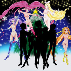 ami_mizuno bishoujo_senshi_sailor_moon bow breasts christmas color crossover cure_beat cure_melody cure_muse cure_rhythm female female_only flat_chest front_view houjou_hibiki human kurokawa_ellen long_hair magical_girl makoto_kino maruze_circus minako_aino minamino_kanade multiple_girls nipples nude pose pretty_cure pubic_hair purple_hair rei_hino sailor_jupiter sailor_mars sailor_mercury sailor_moon sailor_venus shirabe_ako silhouette small_breasts standing stockings suite_precure usagi_tsukino vulva