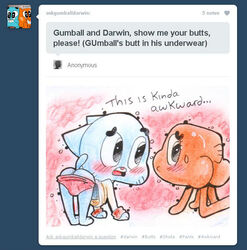 anthro anthro_male anthro_only blush blushing blushing_male cartoon_network color colored darwin_watterson english english_text gumball_watterson hashtag male male_focus male_only red_background red_underwear tagme text the_amazing_world_of_gumball tumblr tumblr_ask younger younger_male