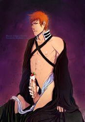 1boy akubaka bleach food ichigo_kurosaki male male_only masturbation open_clothes orange_hair penis solo strawberry tagme