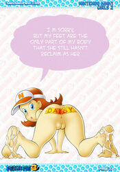 1girls all_fours anus ass azalea_(mario) barefoot blue_eyes brown_hair butt cap cum cum_on_feet female female_only looking_at_viewer looking_back mario_(series) mario_golf nintendo nude pussy sakurakasugano shoulder_length_hair solo speech_bubble tape text thick thick_thighs thighs visor visor_cap wide_hips