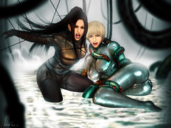 2012 2girls beauty_and_the_beast_unit bodysuit cameltoe female female_only human laughing_octopus metal_gear metal_gear_solid metal_gear_solid_4 multiple_females multiple_girls raging_raven untitled water