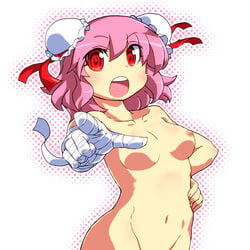 bandage bandages breasts censored collarbone double_bun female gomi_ichigo highres kasen_ibaraki navel nipples nude open_mouth pink_hair pointing red_eyes short_hair solo touhou