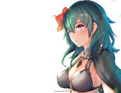 1girls alternate_costume bikini black_bikini black_swimsuit blue_eyes byleth_(fire_emblem) byleth_(fire_emblem)_(female) byleth_(summer)_(fire_emblem)_(female) cape choker clear_glass_(mildmild1311) cleavage fire_emblem fire_emblem:_three_houses fire_emblem_heroes flower hair_flower large_breasts looking_at_viewer medium_hair nintendo red_flower sideboob solo summer swimsuit teal_hair white_background