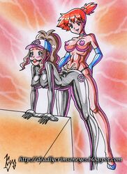 2girls ball_gag bent_over bodysuit bondage bound breasts brown_hair clothed_female_nude_female colored_pencil_(artwork) erect_nipples female female_only femdom femsub from_behind gag gagged hand_drawn hilda_(pokemon) human human_only jpg kasumi_(pokemon) kyo-domesticfucker latex latex_suit multiple_girls naked nintendo nipples nude orange_hair pokemon restrained steel_bondage strap-on yuri