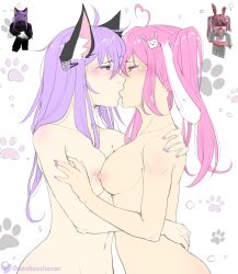 2girls blush breasts bunny_ears cat_ears female female_only heavypulse kissing lesbian multiple_girls naked pink_eyes pink_hair ponytail purple_eyes purple_hair reference_image roblox roblox_avatar robloxian self_upload tagme twitter_username yuri