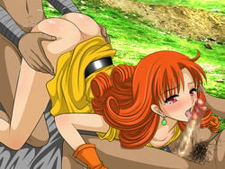 1girls alena_(dq4) blush censored clothed_sex clothing dragon_quest dragon_quest_iv dress female oral_sex pubic_hair sakura_hiiro tagme threesome