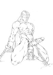 abs angemon bound digimon erection kneeling male male_only monochrome muscles nude penis sketch solo tagme