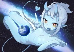 blue_skin earth giantess macro oni planet planetary_macro soukaku_(zenless_zone_zero) space tongue_out zenless_zone_zero