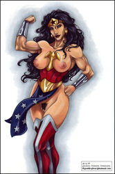 areola armpits biceps black_hair bracelets breasts clenched_fists dc_comics earrings erect_nipples female huge_areolae justice_league labia large_areolae large_breasts lips lipstick loincloth long_hair medium_breasts muscles muscular_female nipples perky_breasts pubic_hair puffy_areola red_lipstick smile solo tiara vambraces vp white_background wonder_woman wonder_woman_(series)