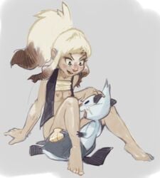 breasts dewott hilda_(pokemon) open_mouth pokemon pokemon_(species) pokephilia purplekecleon smile tan_skin white_fur