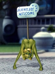 3d alien alien_girl anal anal_insertion bent_over blonde_hair female female_only full_body green_skin insertion neera_young object_insertion outdoors planet_51 sfan sign solo standing tagme