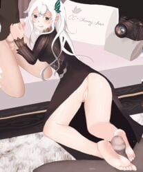 1girls 2boys animated ass black_eyes brown_eyes butterfly_hair_ornament cherry_chan cum_on_face echidna_(re:zero) feet feet_up female footjob gif handjob multiple_penises penis pussy re:zero_kara_hajimeru_isekai_seikatsu saliva white_body