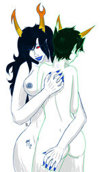 2girls ass black_hair blue_nails blue_nipples breasts homestuck horns lesbian long_hair marquise_spinneret_mindfang ms_paint_adventures multiple_girls naked nipples pointy_ears red_eyes short_hair tattoo the_dolorosa troll webcomic white_background white_skin yellow_eyes