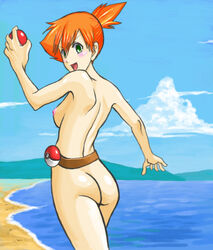 ass beach belt blush bule female green_eyes human human_only kasumi_(pokemon) looking_back medium_breasts nintendo open_mouth orange_hair pokeball pokemon pokemon_(anime) short_hair side_ponytail solo tagme water