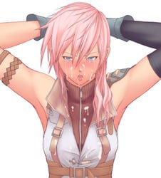 armpits arms_behind_head arms_up blue_eyes blush blushing crying cum cum_on_breasts cum_on_clothes cum_on_face drooling eclair_farron female female_only final_fantasy final_fantasy_xiii human looking_at_viewer open_mouth pink_hair purumuki questionable_consent saliva saliva_trail shaved_armpit solo tears