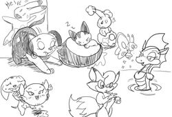 101_dalmatians animal_yokocho boo_(mario) buneary cadpig crossover cub disney feral iyo lady_bow mario_(series) monochrome nintendo pachirisu paper_mario pokemon rough_sketch two-tone