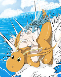 1girls blue_eyes blue_hair breasts clair_(pokemon) clothing color dragonite exposed_breasts eyes female flying green_eyes hair human interspecies long_hair nintendo open_eyes panties pokemon pokemon_(species) pokephilia riding sitting straddle tail teebreakers topless unknown_gender water wings